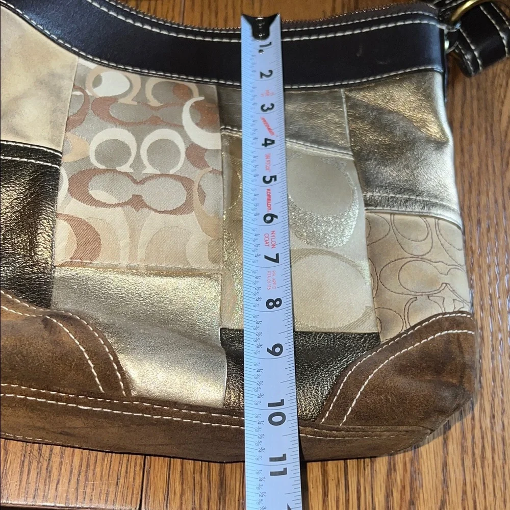 Coach signature Patchwork Crossbody Bag in, Gold, and Brown Leather and suede